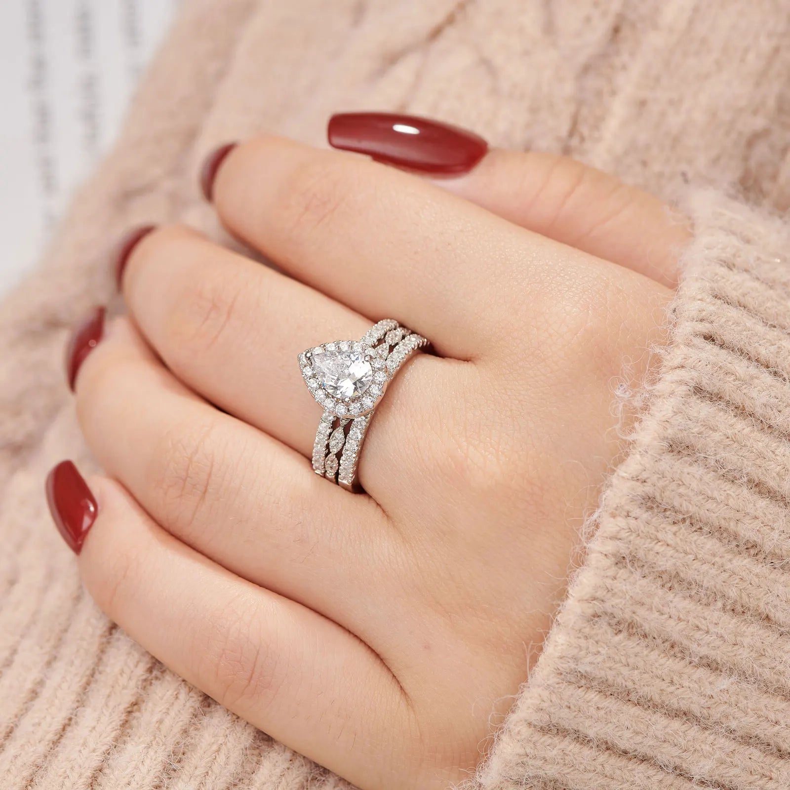 Newshe 3 Pieces 925 Sterling Silver Engagement Ring Set for Women Water Drop AAAAA Zircons Eternity Wedding Bands BR1079