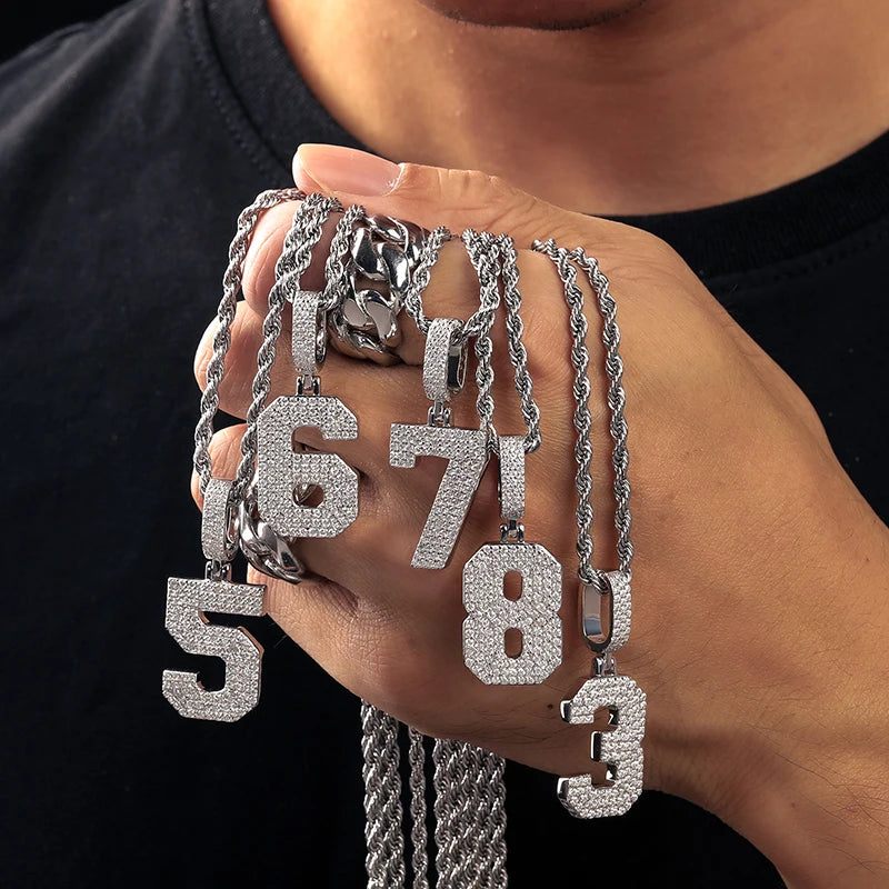 925 Sterling Silver Lucky Number 0-9 Necklaces With Moissanite Initials Arabic Number Men's Hip Hop Pendant Chain Jewelry Gift