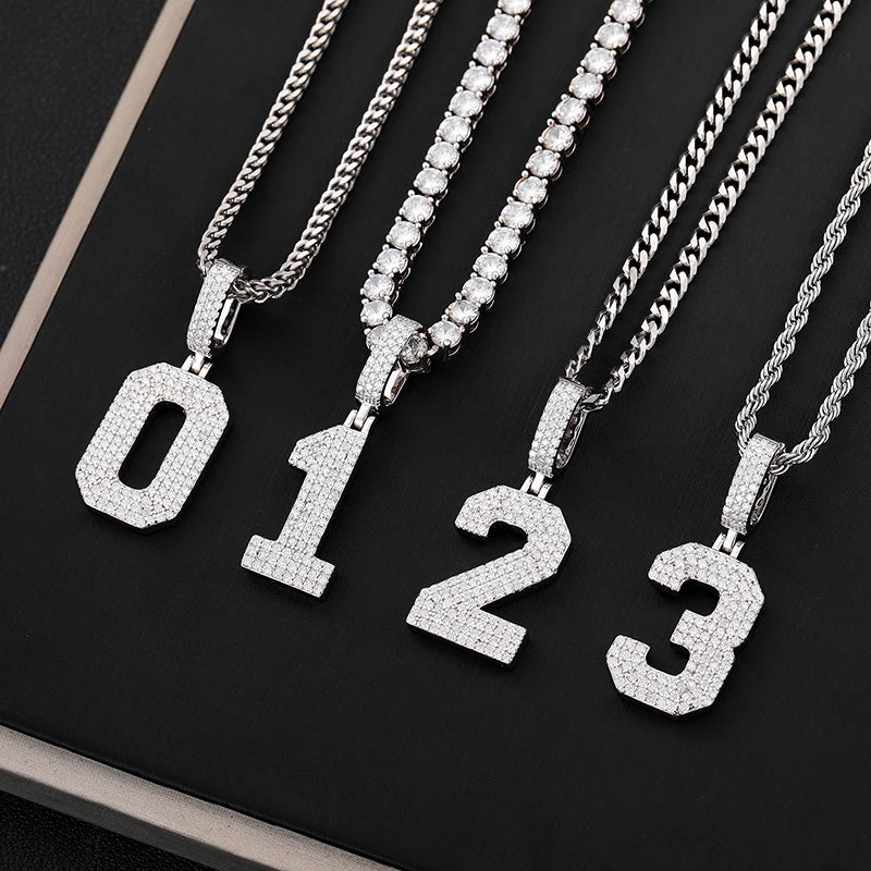 925 Sterling Silver Lucky Number 0-9 Necklaces With Moissanite Initials Arabic Number Men's Hip Hop Pendant Chain Jewelry Gift