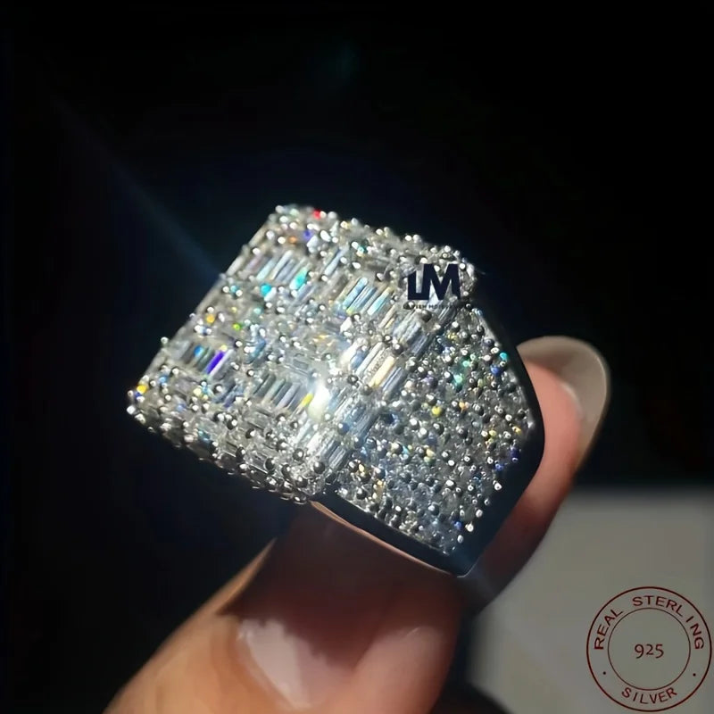 3.50Ct Baguette Cut Real 925 Sterling Silver Men's Engagement Ring 14K White Gold Plated Square Zircon Iecd Out Hip Hop Ring