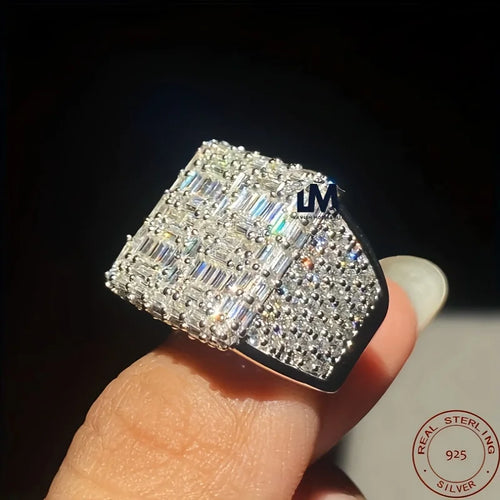 3.50Ct Baguette Cut Real 925 Sterling Silver Men's Engagement Ring 14K White Gold Plated Square Zircon Iecd Out Hip Hop Ring
