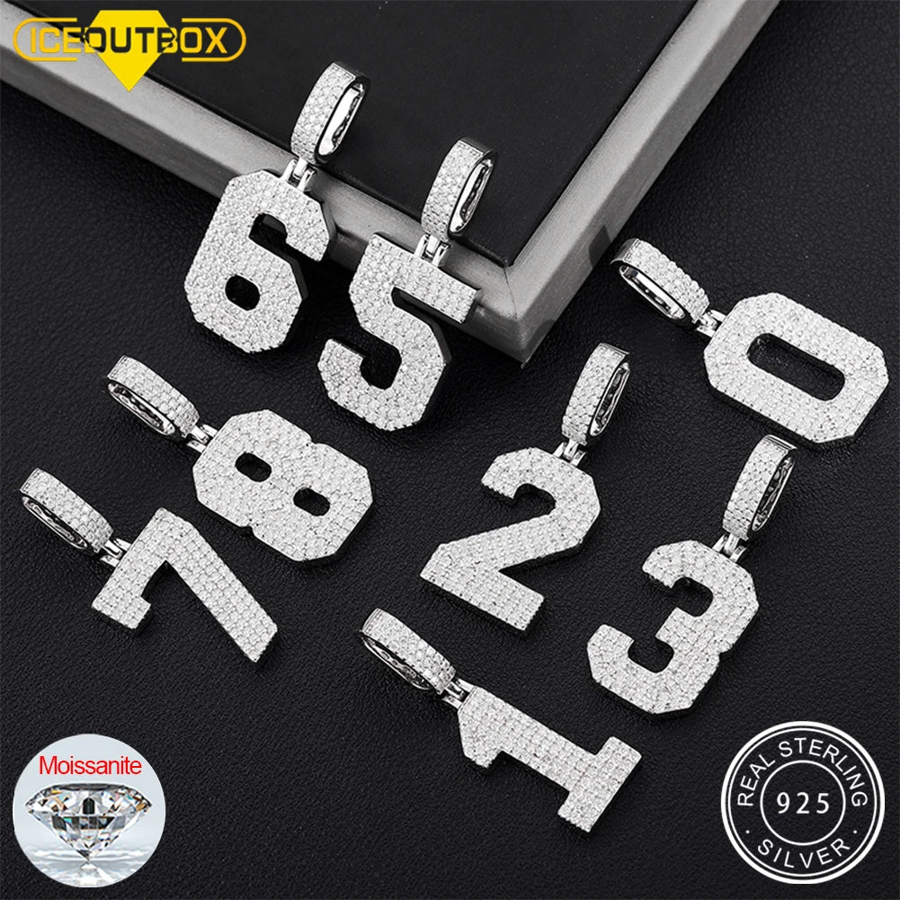 925 Sterling Silver Lucky Number 0-9 Necklaces With Moissanite Initials Arabic Number Men's Hip Hop Pendant Chain Jewelry Gift